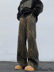 Y2K Leopard Print Wide Leg Women High Waisted Fashion Streetwear Retro Denim Baggy Casual Straight Jean
