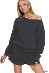 Hazel Blues® | Zenana Fleece Boat Neck Sweatshirt and Shorts Set