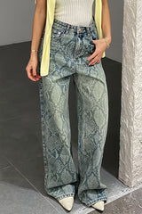 Washed Snake Print Straight Jeans