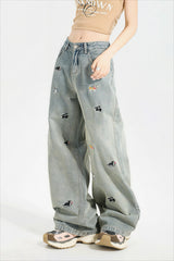 Cute Dog Embroidered Vintage Loose Jeans