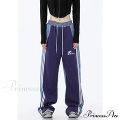 Contrast Color Women High Waist Straight Cropped High Street Drawstring Tie Up Sweatpants Cylinder Lady Wide Leg Jean