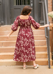 Floral Textured Print Burgundy Midi Dress - FINAL SALE