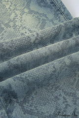 High Waist Snake Print Washed Straight Jeans