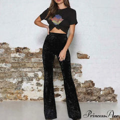High Waist Velvet Wide Leg Velour Flare Pants