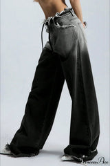 Retro Frayed Waist Ombre Straight Wide Leg Jeans