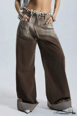 Retro Frayed Waist Ombre Straight Wide Leg Jeans