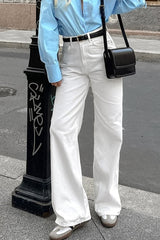 White Cotton Twill High Waisted Straight Leg Jeans