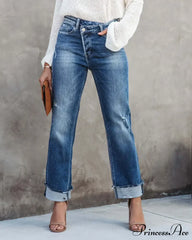 New Casual Loose Women's Wash Button Pockets High Waist Denim Abrade Elegant Jean