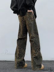 Y2K Leopard Print Wide Leg Women High Waisted Fashion Streetwear Retro Denim Baggy Casual Straight Jean