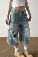 Retro Washed Ripped Whisker Cropped Jeans