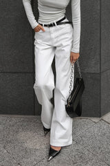 White Cotton Twill High Waisted Straight Leg Jeans