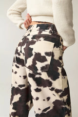Chic Retro Cow Print Washed Straight Jeans