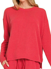 Hazel Blues® |  Zenana Corded Rib Long Sleeve Tee and Shorts Set