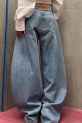 Loose Floor Length Curved Leg Washed Letter Embossed Jeans