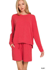 Hazel Blues® |  Zenana Corded Rib Long Sleeve Tee and Shorts Set