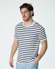Marcel T-shirt (Round Neck) - White/Blue Stripes