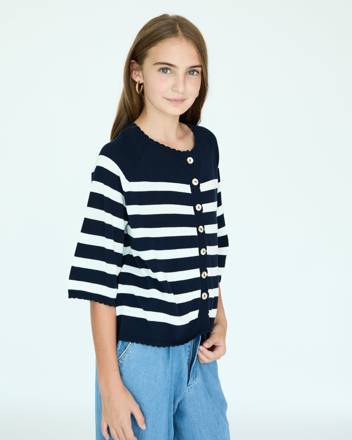 Girl La Bretagne Cardigan - Navy/White Stripes