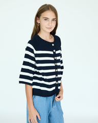 Girl La Bretagne Cardigan - Navy/White Stripes