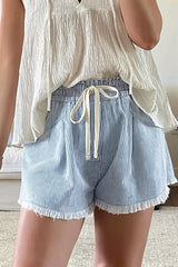 Striped Raw Hem Denim Shorts