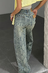 Washed Snake Print Straight Jeans