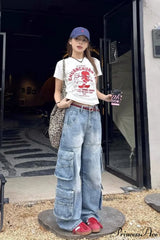Denim Loose Multi-Pocket Wide Leg Cargo Pants