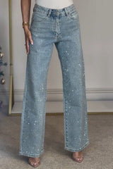 Rhinestone Washed High Waist Jeans