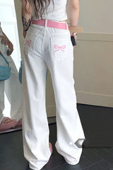 Embroidered Pink Bow Wide Leg Jeans
