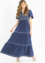 Embroidered Floral Print Maxi Tiered Dress - FINAL SALE