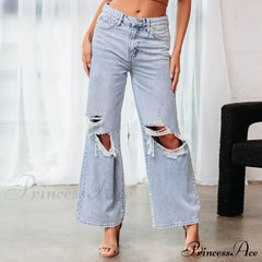 Fall High Waist Ripped New Blue Streetwear Casual Wide Leg Baggy Trendy Fashionable Denim Jean
