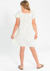 Girl's Ditsy Bow Print Box Pleated Puff Sleeve Dress