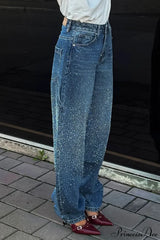 High Waisted Allover Rhinestone Straight Leg Jeans