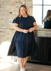 Navy Polka Dot Tiered Midi Dress