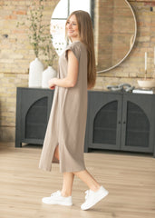 Taupe Cap Sleeve T-shirt Midi Dress