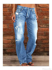 Vintage Middle-Waist Ripped Straight Blue Wide-Leg Denim Jeans