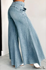 Wide Leg Washed Denim Elegant Simple Jeans